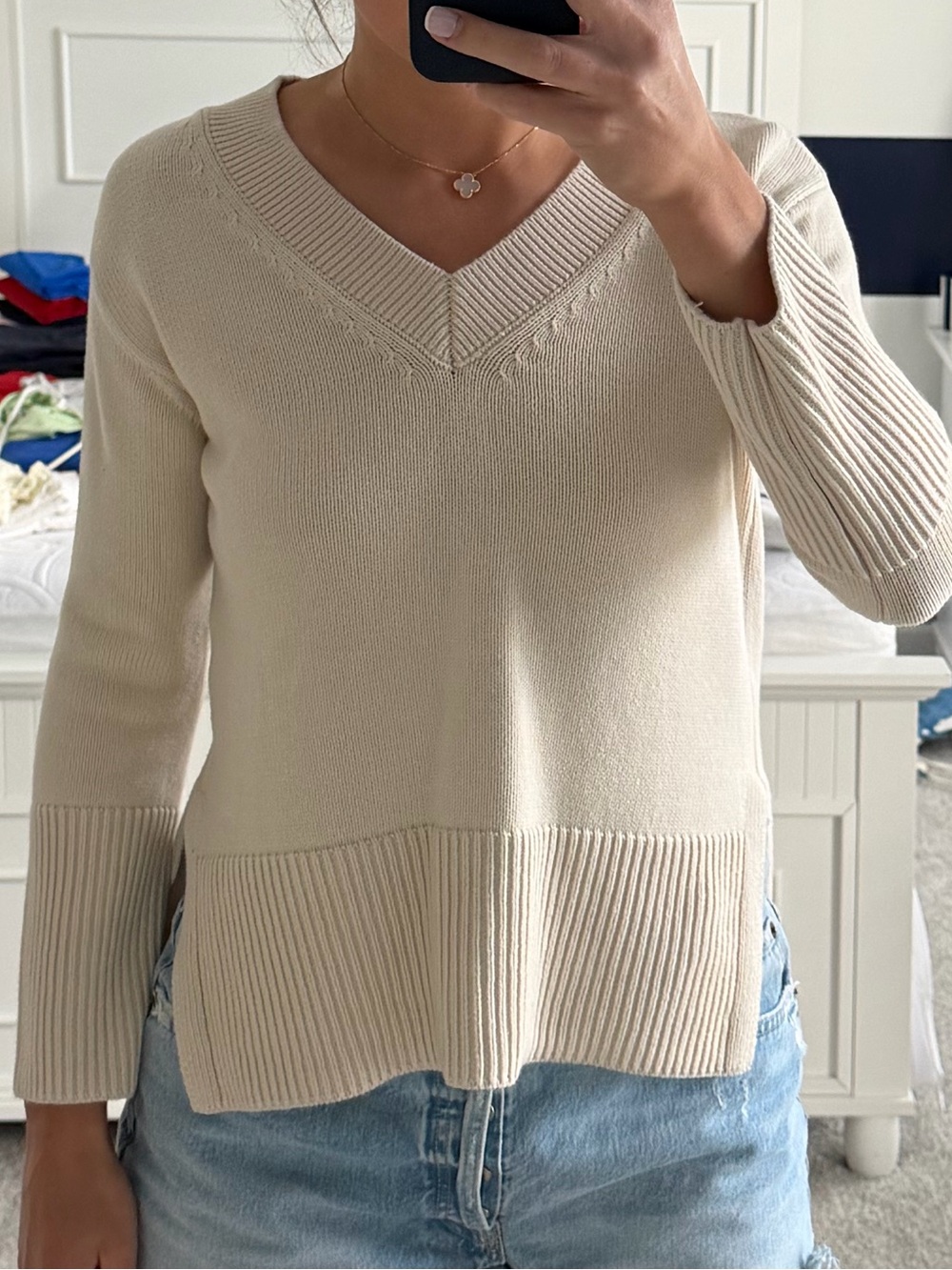 For The Republic Cream V-Neck Ribbed Hem Sweater